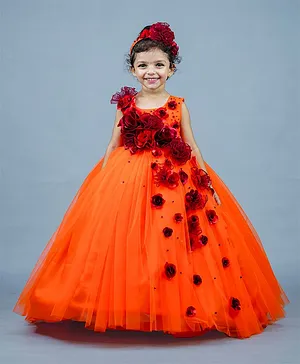 Li&Li BOUTIQUE Sleeveless Frill Flower Applique Fit & Flare Dress - Dark Orange & Maroon