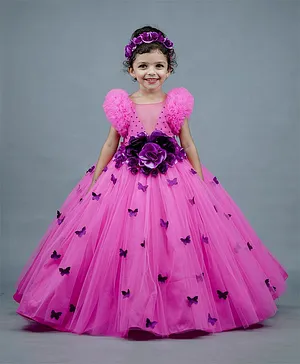 Li&Li BOUTIQUE Ruffle Sleeves Corsage & Butterfly Applique Fit & Flare Dress - Fuchsia Pink & Purple