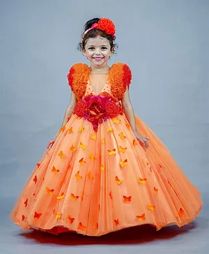 Li&Li BOUTIQUE Ruffle Sleeves Corsage & Butterfly Applique Fit & Flare Dress - Papaya Orange, Dark Orange, & Pink