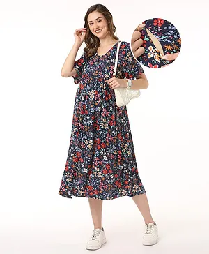 Bella Mama Women Viscose Half Sleeves Maternity Dresses With Pocket Floral Print - Blue