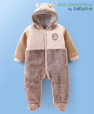Babyoye Full Sleeves Winter Wear Hooded Night Suit With Lion Applique - Beige