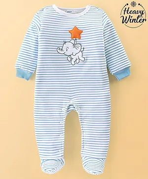 Babyoye 100% Cotton Full Sleeves Striped Footed  Winter Wear Sleep Suit with Elephant Embroidery - Light Blue