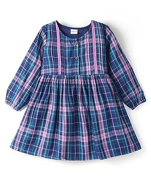 Babyhug Cotton Woven Full Sleeves Yard Dyed Checkered Frock - Blue