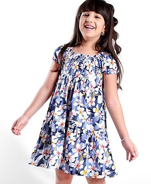 Babyhug 100% Viscose Woven Half Sleeves Frock Floral Print- Blue