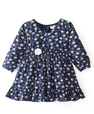 Babyhug 100% Cotton Knit Full Sleeves Frock With Floral Print & Floral Applique - Navy Blue