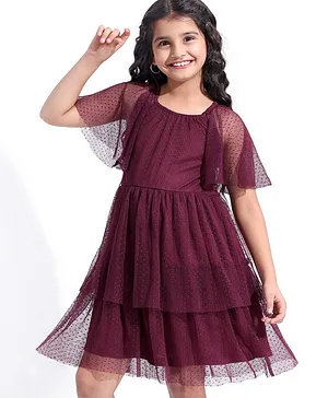 Hola Bonita Half Sleeves Tier Dress In Dobby Mesh Fabric - Purple