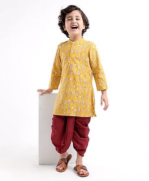 Babyhug Cotton Full Sleeves Fish Printed Kurta with Dhoti Set - Mustard