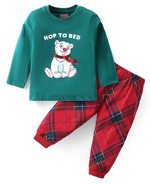 Babyhug Cotton Knit Full Sleeves Night Suit With Teddy Print - Green & Red