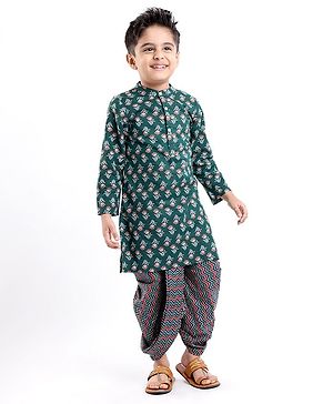 Babyhug Cotton Woven Full Sleeves Floral Printed Kurta with Dhoti Set - Green