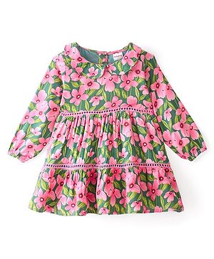 Babyhug Woven Full Sleeves Frock Floral Printed - Teal Green