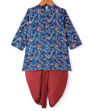 Babyhug 100% Cotton Woven Full Sleeves Floral Printed Kurta with Dhoti Set - Indigo Blue & Red