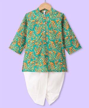 Babyhug 100% Cotton Woven Full Sleeves Floral Printed Kurta & Dhoti Set - Green