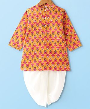 Babyhug 100% Cotton Woven Full Sleeves Floral Printed Kurta & Dhoti Set - Mustard Yellow