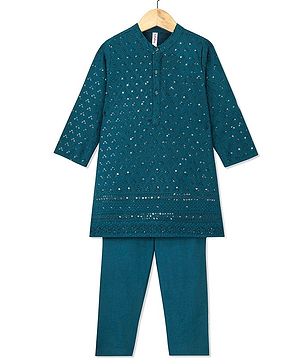 Babyhug Full Sleeves Sequined Embroidered Kurta with Pyjama Set - Teal Blue