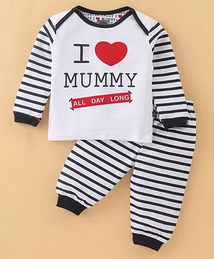 Mini Taurus Full Sleeves Striped Night Suit with Text Print - Blue & White