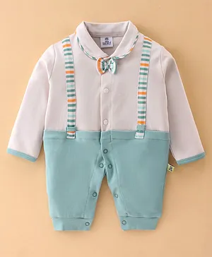 Mini Taurus Full Sleeves Solid Color Party Romper With Attached Suspender & Bow - Green