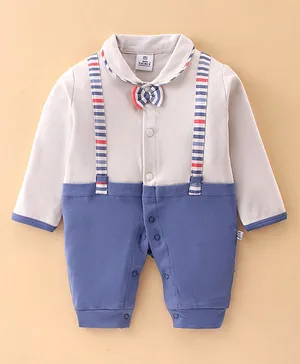 Mini Taurus Full Sleeves Solid Color Party Romper With Attached Suspender & Bow - Blue