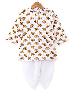 Babyhug 100% Cambric Full Sleeve Elephant Printed Kurta With Solid Dhoti Set - White