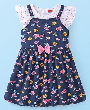 Babyhug 100% Cotton Knit Sleeveless Frock With Inner Tee Floral Print & Bow Applique - Navy Blue & White