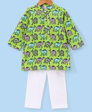 Babyhug Cotton Woven Full Sleeves Camel Printed Kurta Pyjama Set - Green