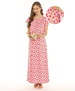 Bella Mama 100% Cotton Woven Half Sleeves Nighty with Concealed Zipper For Nursing Strawberry Print - Pink