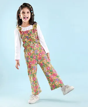 Babyhug Cotton Woven Single Jersey Floral Printed Dungaree and Full Sleeves T-Shirt - Multicolour