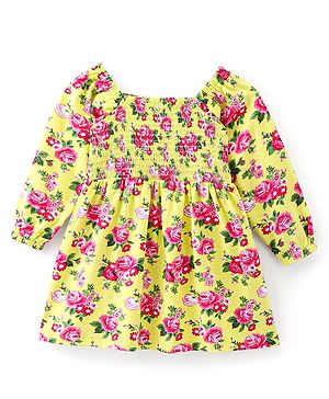 Babyhug 100% Cotton Single Jersey Knit Full Sleeves Frock Floral Print - Yellow