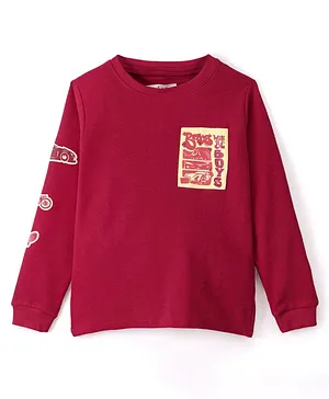 Arias Cotton Waffle Knit Full Sleeves T-Shirt WIth Ribbed Cuff & Vehicle Applique - Maroon