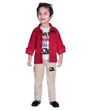 DOTSON Full Sleeves Everything Will Be Ok Text Printed Tee With Jacket & Pant - Red