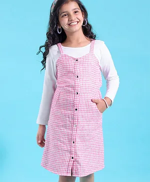 Hola Bonita Cotton Woven Frock With Full Sleeves Inner Tee In Hounds Tooth Texture Fabric - Pink