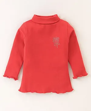 Bodycare Cotton Knit Full Sleeves Tops with Rose Print- Bright Red