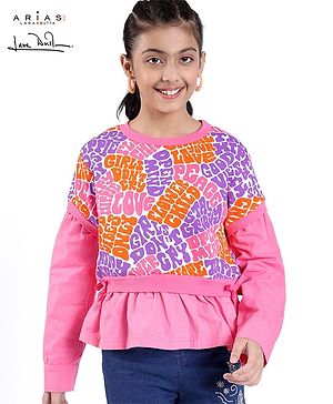 Arias Cotton Knit Full Sleeve T-shirt With Text Print And Poplin Peplum - Pink