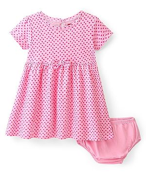 Babyhug 100% Cotton Single Jersey Knit Half Sleeves Frock With Bloomer Heart Print - Multiprint