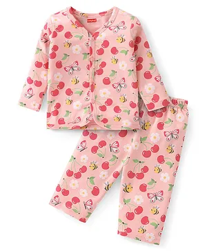 Babyhug Cotton Knit Full Sleeves Top & Lounge Pant Set Floral Print - Peach
