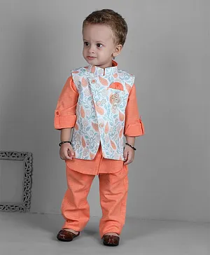 KIDS FARM Full Sleeves Solid Kurta & Pyjama With Seamless Paisley Floral Designed Jacket - Orange