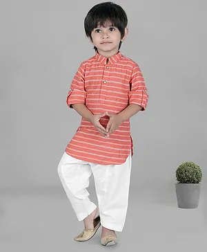 KIDS FARM Full Sleeves Striped Pathani Kurta With Salwar - Red