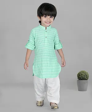 KIDS FARM Full Sleeves Striped Pathani Kurta With Salwar - Green