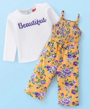 Babyhug 100% Cotton Knit Full Sleeves T-Shirt & Dungaree With Floral Print - Yellow & Purple