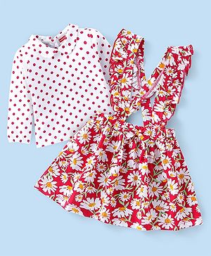 Babyhug Cotton  Knit Full Sleeves Top with Skirt Floral  Printed - Red