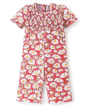 Babyhug 100% Cotton Knit Half Sleeveless Jumpsuit with Floral Print - Red