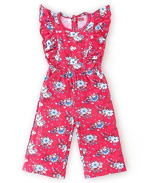 Babyhug 100% Cotton Knit Half Sleeves Jumpsuit with Floral Print - Red