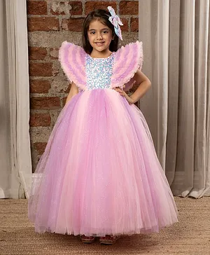 Ministitch Half Sleeves Ruffle Detailed & Sequin Embellished Fit & Flare Ball Gown - Baby Pink