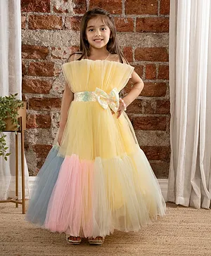 Ministitch Sleeveless Colour Blocked & Sequin Bow Embellished Fit & Flare Ruffle Detailed Ball Gown - Yellow