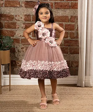 Ministitch Sleeveless Flower Applique Embellished & Ruffle Hem Detailed Fit & Flare Shimmer Dress - Mauve Peach & Brown