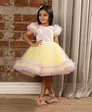 Ministitch Frill Detailed Short Sleeves & Sequin Bodice Embellished Fit & Flare Dress - Lemon Yellow