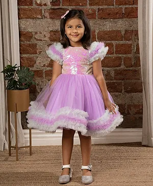 Ministitch Frill Detailed Short Sleeves & Sequin Bodice Embellished Fit & Flare Dress - Purple