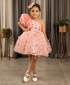 Ministitch One Shoulder Ruffled & Seamless 3D Flowers And Butterflies Embellished & Dobby Work Detailed Fit & Flare - Peach