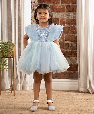 Ministitch Half Sleeves Ruffle Detailed & Sequin Embellished Fit & Flare Dress - Sky Blue
