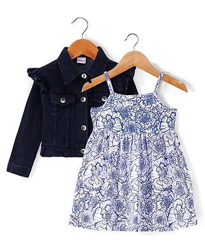 Babyhug Knit Full Sleeves Solid Jacket with Frill Detailing & Floral Printed Frock - Navy Blue & White