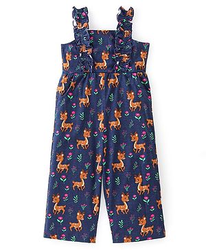 Babyhug 100% Cotton Knit Sleeveless Dungaree with Floral Print - Navy Blue